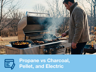 Man in jacket and pants standing outside on a patio at a standup propane grill, grilling food.